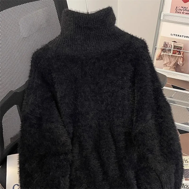 Half zip high neck sweater, men's faux mink fur versatile, solid color, half zip knit sweater, worn with plush sweater on top