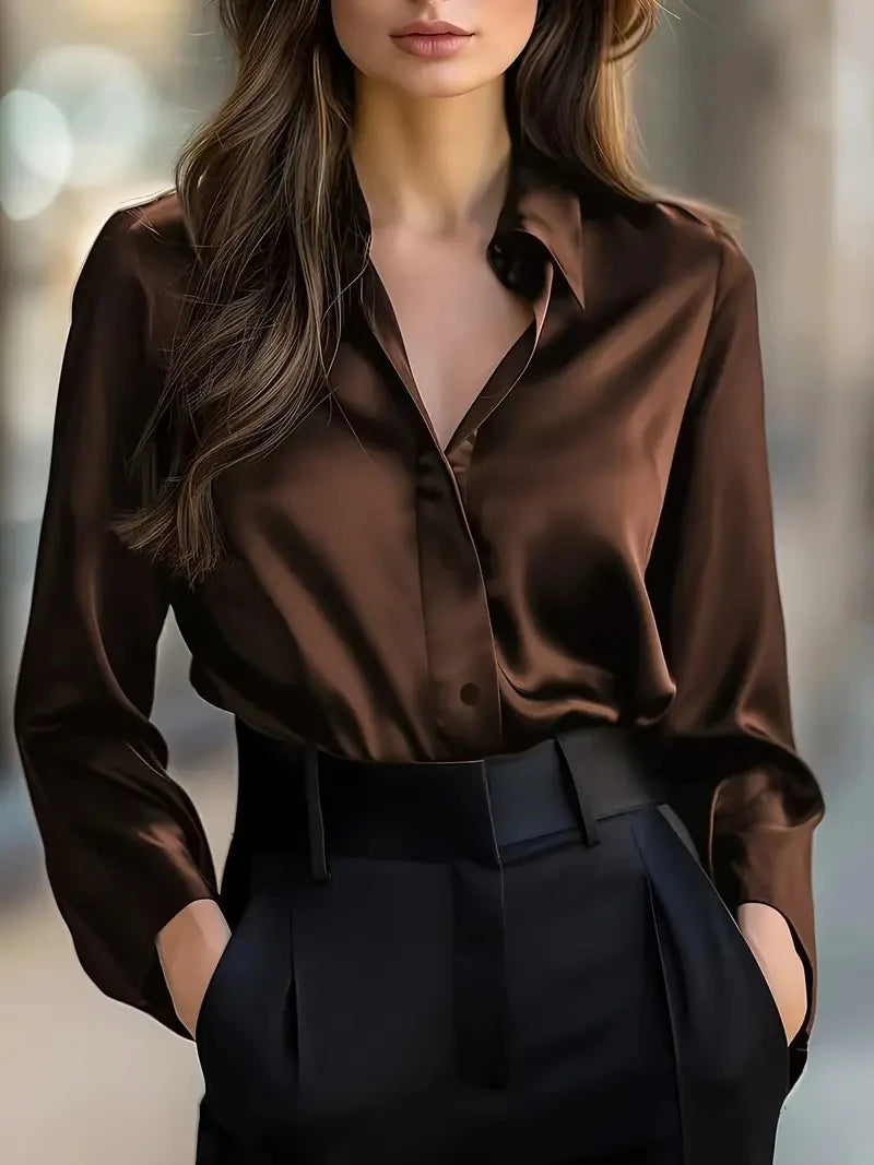 Elegant Black Satin Long Sleeve Blouse for Women Button-Up Collar Shirt Perfect for Casual or Professional Wear