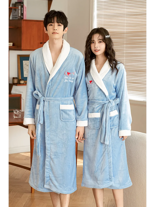 Thickened Coral Fleece Robe Long Home Wear for Men And Women Winter Warm Sleepwear Couple Matching Pajamas Velvet Fabric