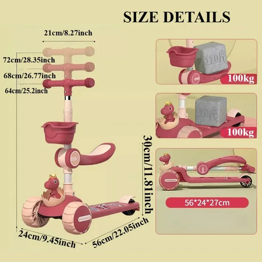 3-in-1 Kids Kick Scooter with Adjustable Height Handlebars & Removable Seat LED Lights Music for Boys Girls Outdoor Riding Toys