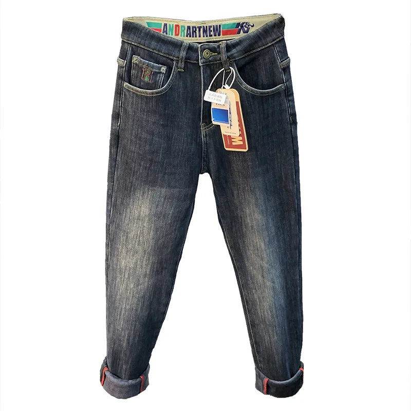 Fleece-Lined Thick Jeans Men's Winter 2023 New Casual Small Straight Pants Slim-Fit Fleece All-Matching Trousers