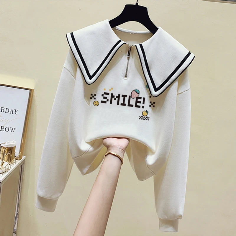 Teenage Girl's Fleece Lined Thickened Navy Collar Sweatshirt Small Size Winter Fashionable Clothing School Sweet Style Zipper