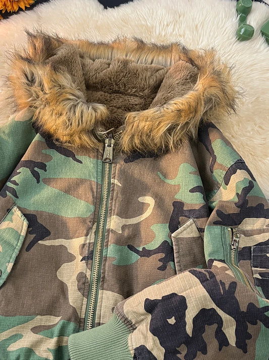 Thickened Faux Rabbit Fur Collar Camouflage Hooded Jacket Cotton Padded Coat for Men And Women Double-Sided Wear Youth Style