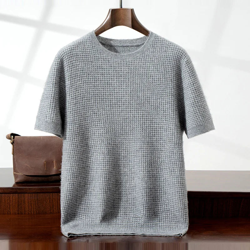Men's 100% Cashmere Waffle Knit Round Neck Short Sleeve T-Shirt Casual Loose Pullover Vest New Autumn And Winter Sweaters Vesr