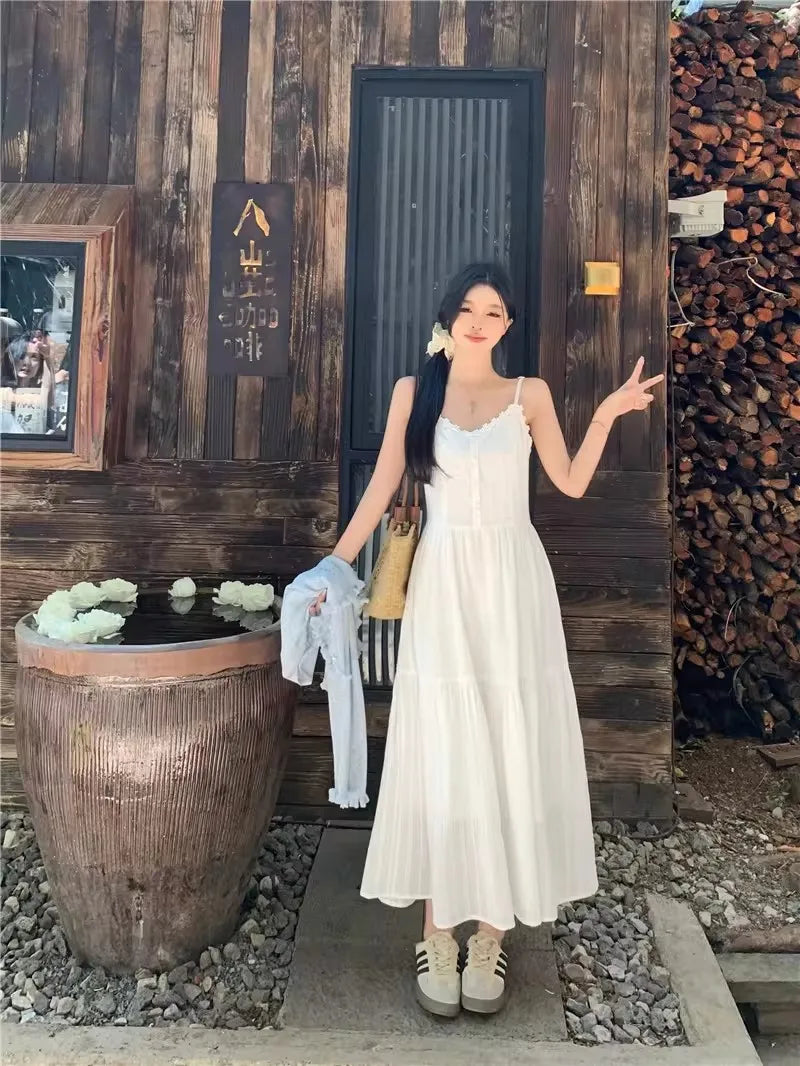 Slimming White Strapless Long Dress Simple French Style A-Line Midi Dress Women's Summer Fashion Sensation Waist-Cinching Dress