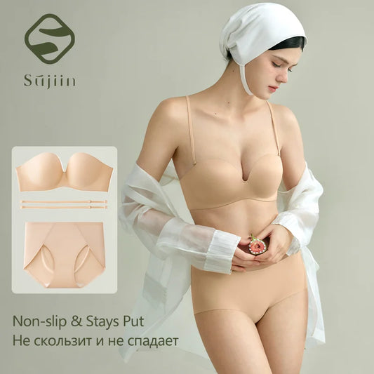 SUJIIN Summer Strapless Bra Set for Women Sexy Wireless Seamless Push Up Invisible Bras Tube Tops Female Underwear MX266+N194