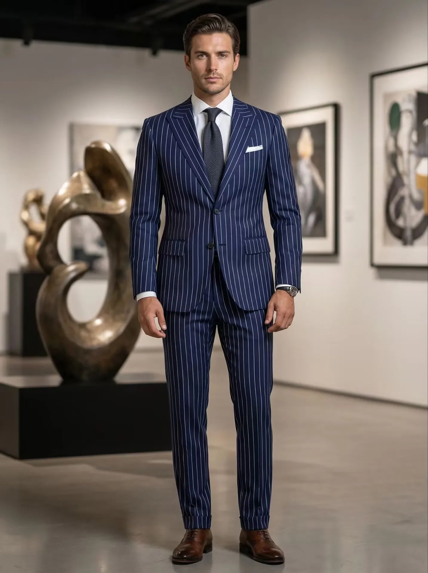 Navy Blue Pinstripe Men's Suits Fashion Peaked Lapel Two Buttons Groom Wedding Business Prom Party Male Suit (Jacket+Pants)