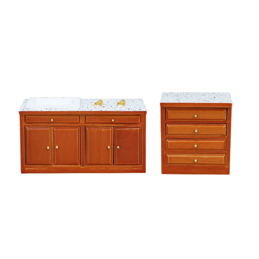 Dollhouse Miniature Retro Wood Cabinet Cupboard Sink Cabinet Locker with Drawer for Dollhouse Kitchen Living Room Furniture Toys