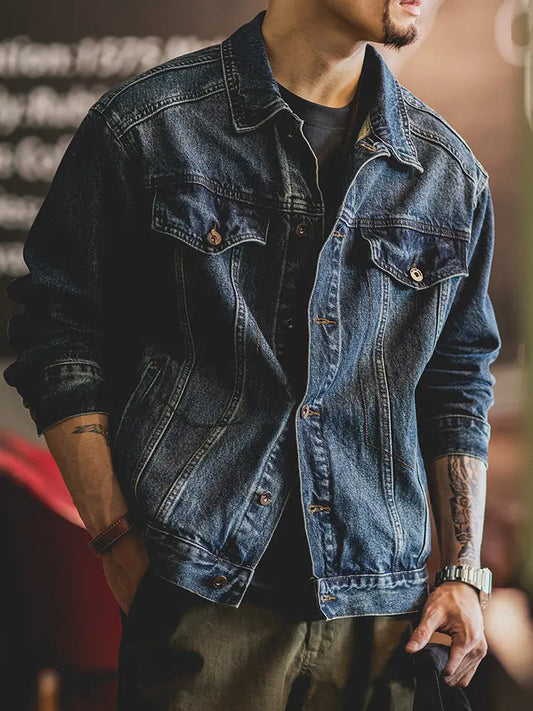 Men's American Vintage Washed Distressed Blue Denim Jacket plus Size Heavyweight Classic Workwear Spring Amekaji Streetwear