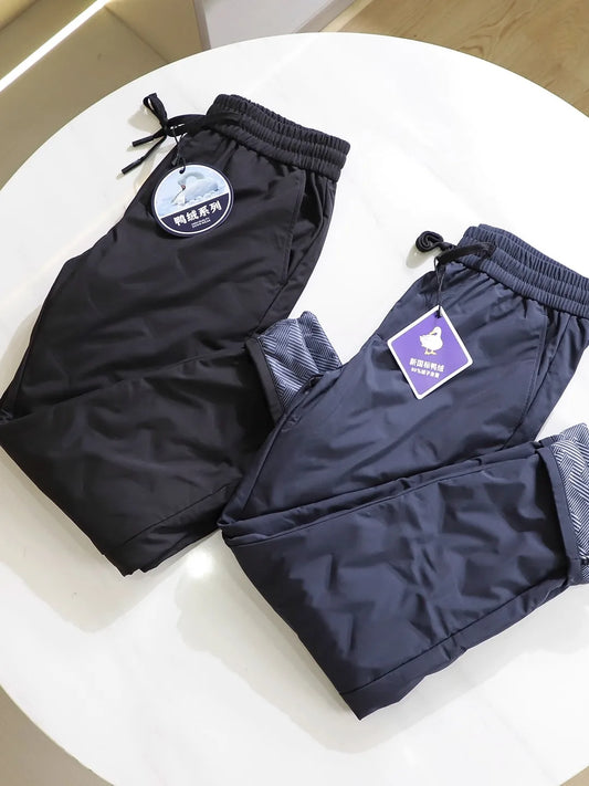 Men's Winter Thickened 90 Duck down High Fluffy Elastic Waist Casual Straight Leg Long Pants Lightweight Warm Outdoor Wear