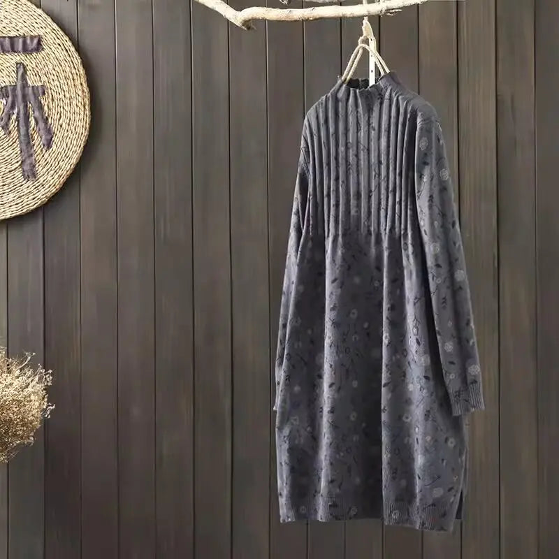 Retro Print Loose Knitted Dress Half High Collar Base Layer Skirt Autumn Winter Long Straight A-Line Dress for Women
