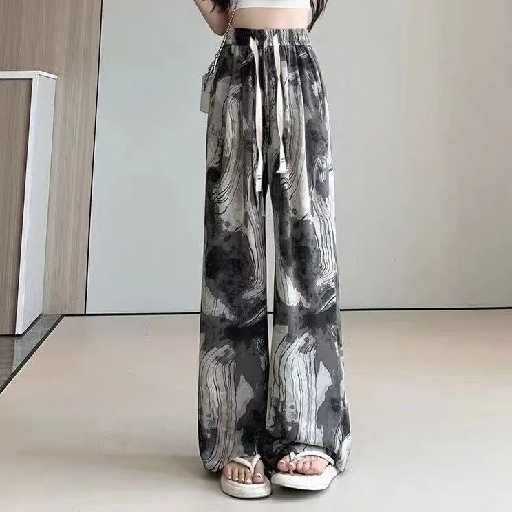 Summer 2026 Women's Ice Silk Wide Leg Pants Narrow Straight Casual Cool Pants Sunscreen Mosquito Proof High Waist Long Trousers