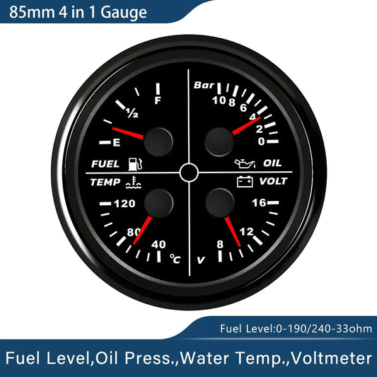 ELING Waterproof Auto Marine 85mm 4 in 1 Gauge Oil Pressure Water Temp Fuel Level Voltmeter for Motorcycle 8-16V