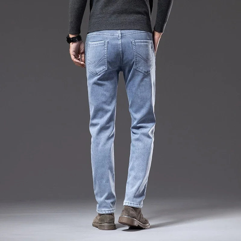 Winter Fleecy Thickened Warm Jeans Vintage Brand Classic Retro Youth Fashion Men Fit Straight Leg Casual Stretch Denim Pants