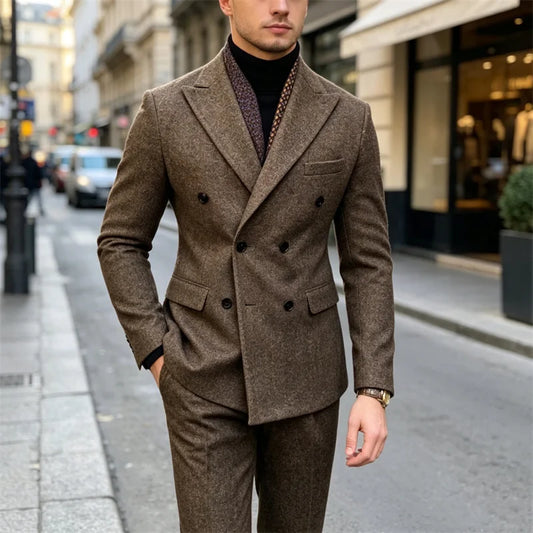 Wool Blend Men's 2 Piece Suit Setļ¼Jacket+Pants) Double Breasted Lapel Suit Set Wedding Prom Dinner Wrok Travel Dinner Banquet