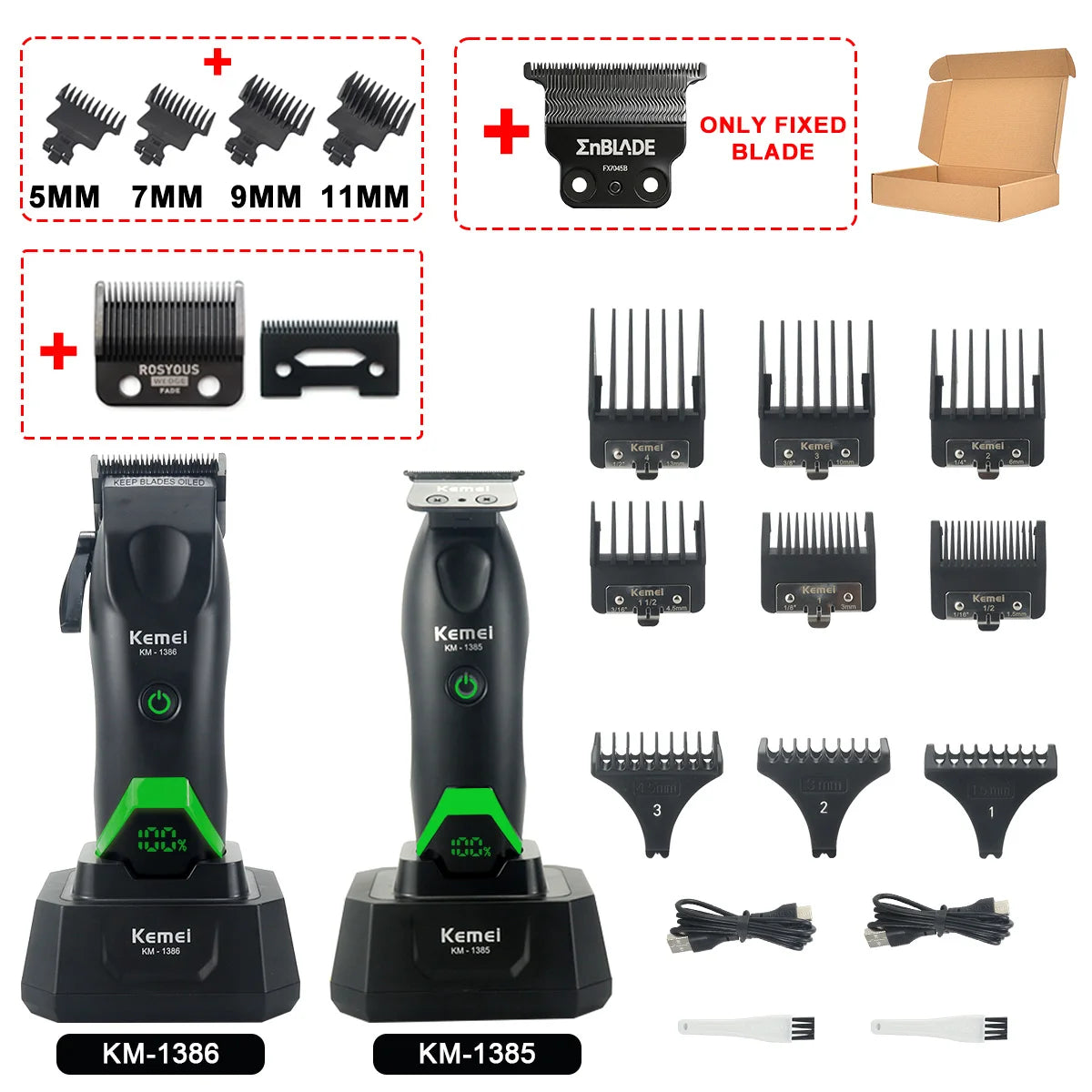 Kemei 1386 Men's Hair Clipper 8000RPM DLC Blade with Base Charger LED Display 2000mAh Professional Hair Cutting Machine Trimmer