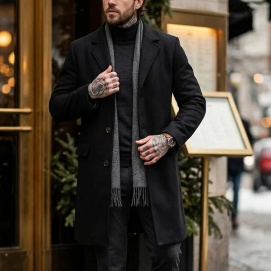New Winter Men's Wool Blend Extended-Length Trench Coat Single-Breasted Design Business Casual & Mature Streetwear Coat for Man