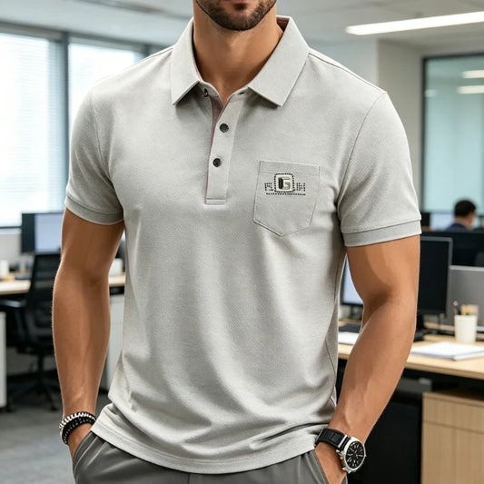 Men's Business Ice Silk Work Shirts Summer Badge Solid Color Polo Shirt Office Wear Man Breathable Comfortable Versatile Tops