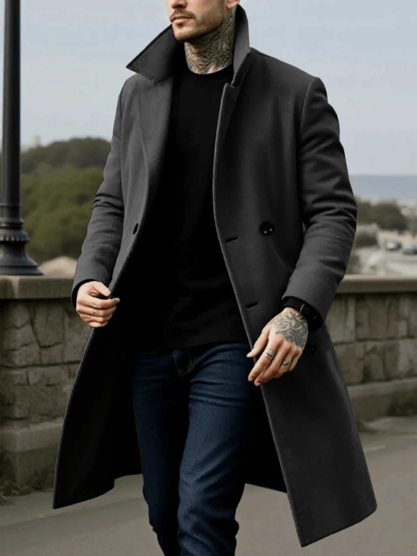 Men's Winter Mid-Length Coat Woolen Warm Coats Lining Double Breasted Lapel Jacket Street Wear Men's Clothing Outerwears