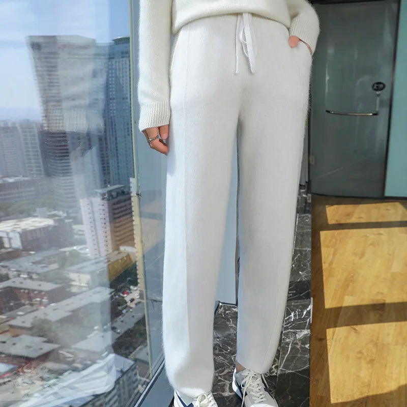 100% mink wool knitted high-waisted pencil pants women's casual autumn and winter new warm solid color thick cashmere pants