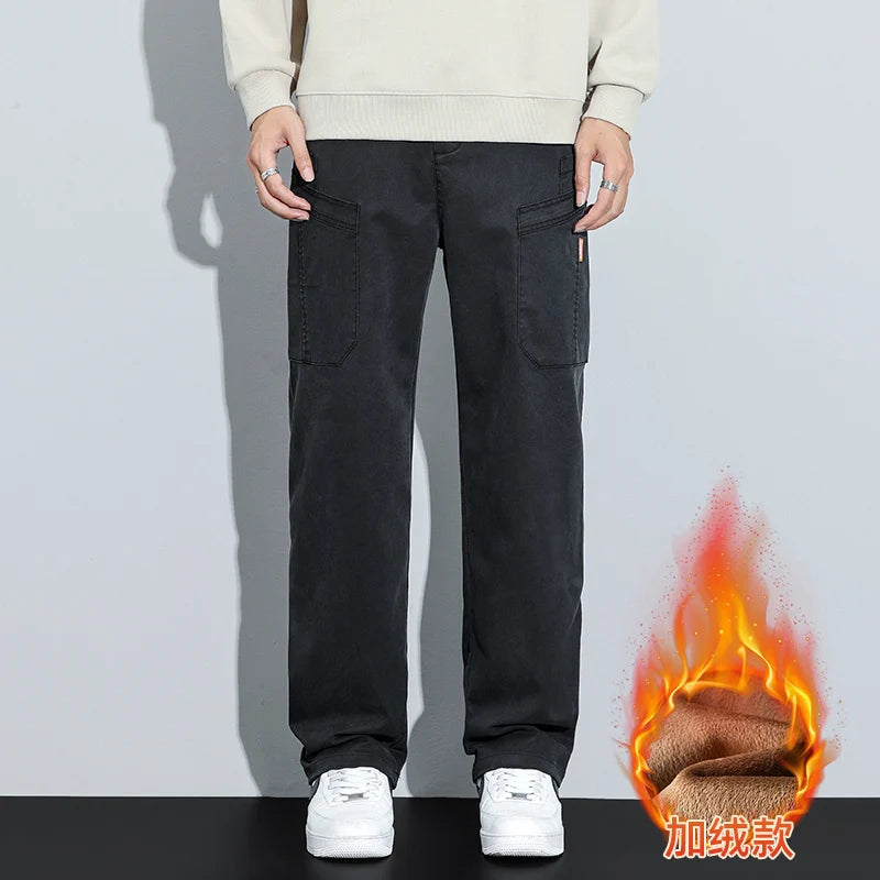 Men's Lyocell Multi Pocket Fleece Lined Wide Leg Cargo Pants 2025 Autumn Winter High Quality Warm Casual Long Pants Plus Size 38