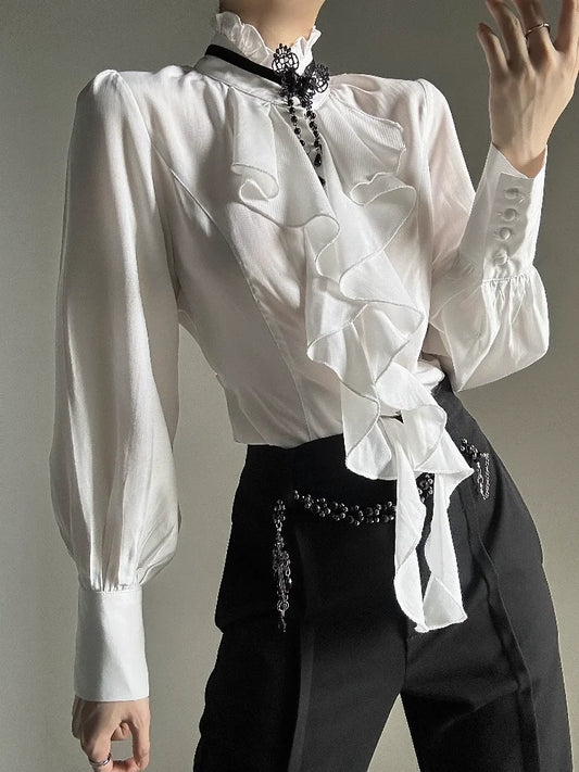 Harajuku Vintage Women Bottoming Shirt Stand Collar Ruffles Slim Fit Blouses Black White 2026 New Long Sleeve Blusas De Mujer