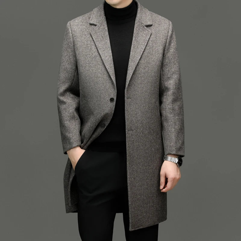 Fall Winter Men Sheep Wool Overcoat Gray Coffee Beige Notched Collar Design Cashmere Coat Male Business Causal Outerwear Office