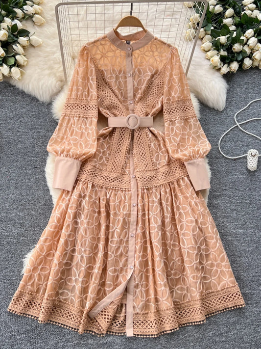 Court Sle Heavy Embroidery Lantern Sve Long Dr Women's Retro Winter Faion High Waist A-Line Dr Korean Version