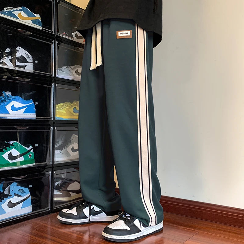 Autumn Winter Hip-hop Striped Trousers Men Sports Pants Korean Wide Leg Joggers Men's Sweatpants Jogger Big Tall Man Long Pants