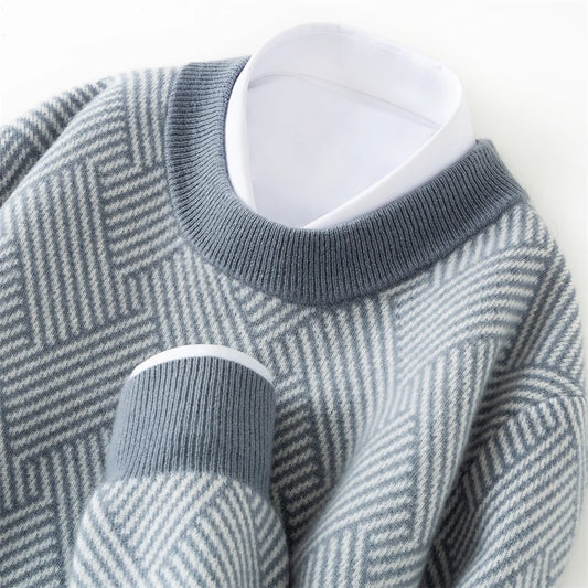 Autumn and winter new thick 100% pure cashmere men's round neck jacquard loose color matching leisure sweater cashmere sweater