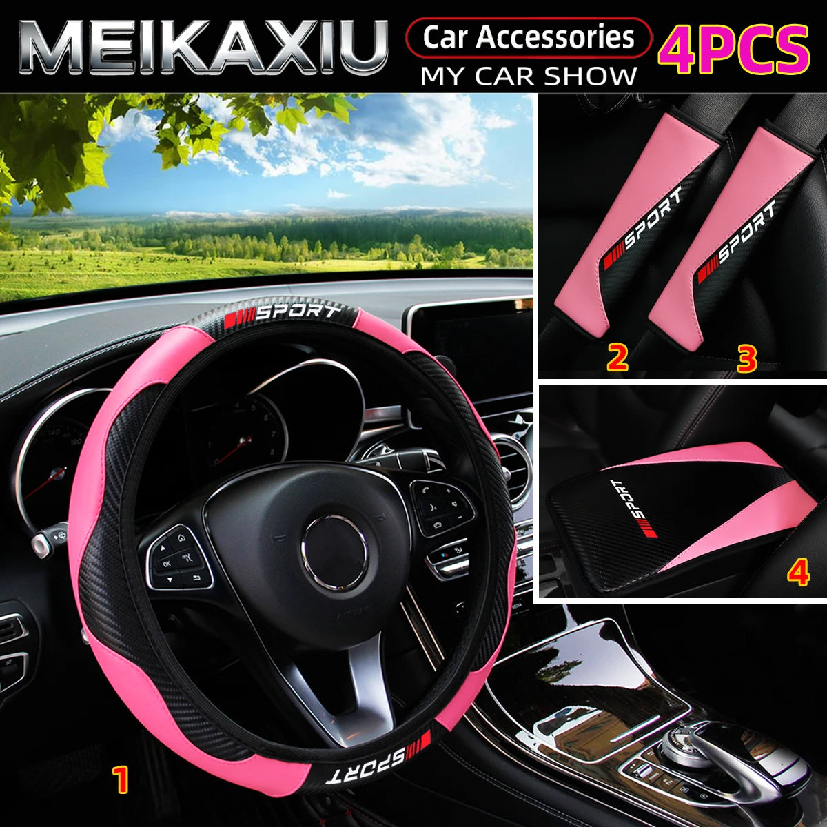 4PCS Carbon Fiber PU Leather Sport Car Steering Wheel Cover with Shoulder Guard And Armrest Pad Rimless Design for 37-38cm women