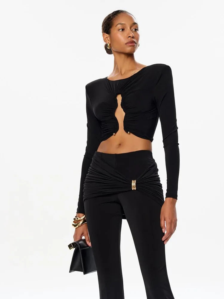 Ahagaga Autumn Fashion Women's Sets Solid Regular Long Sleeves O-Neck Skinny 2Pcs (Tops+Pants) Knot Casual Streetwear Folds Suit