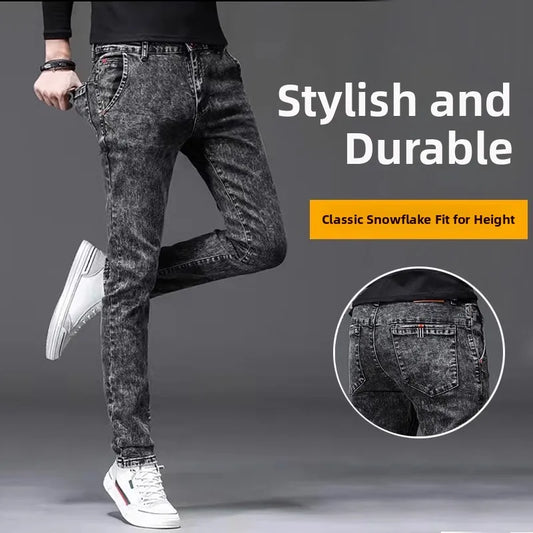 Fleece Lined Jeans Men's Trendy Slim Fit Bootcut Pants Autumn Winter Casual Long Trousers Youthful Style Wear Resistant