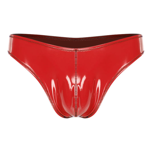 Men Wet Look PU Micro Briefs Low Rise Bugle Pouch Underwear Leather Underpants Beach Mini Bikini Bathing Suit Nightwear Clubwear