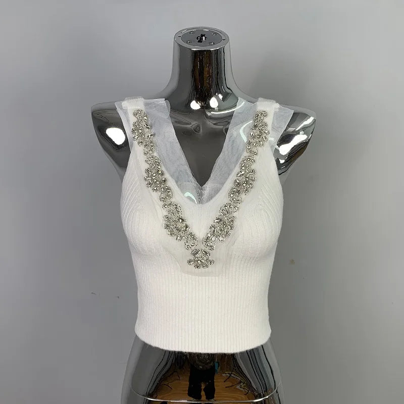 Korean Dongdaemun Rhinestone Knit Crop Top Sexy Slim Fit Versatile Solid Color Camisole Fashion Short V-neck Knitted Tank Tops