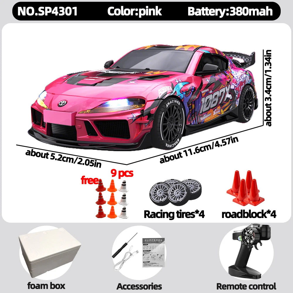 JXC 1:43 Mini 4WD RC Drift Car Supra SP4301 2.4GHz Remote Control with Gyroscope Adjustable Speed Cool LED Light Toy Gift