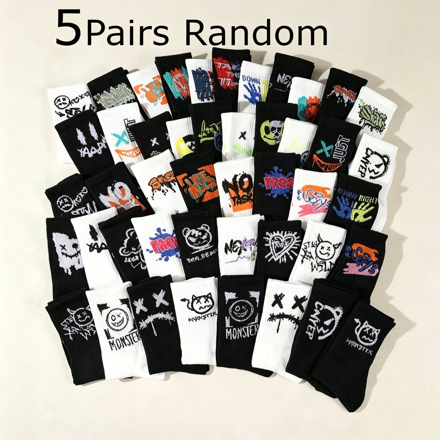 5/10/20 Double Random Graffiti Printed Men's and Women's Sports Socks Fun Cool Hip Hop Street Style Multi Color Letter Socks
