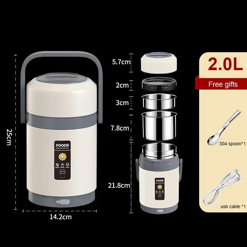 220V USB Rechargeable Heated Warm Lunch Box Stainless Steel Food Warmer Container Constant 65℃ Thermal Office Bento Lunch Box