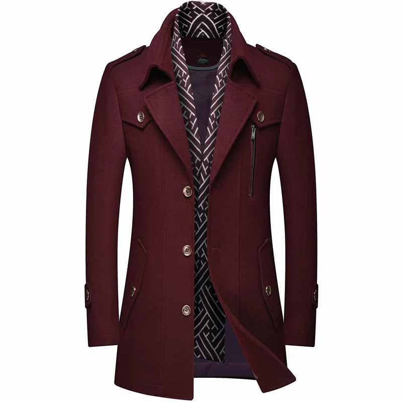 Thickened Men's Woolen Coat Scarf Collar Mid-Length Tweed Outerwear Winter Fashion Slim Fit Pocket Detail Pure Color Design