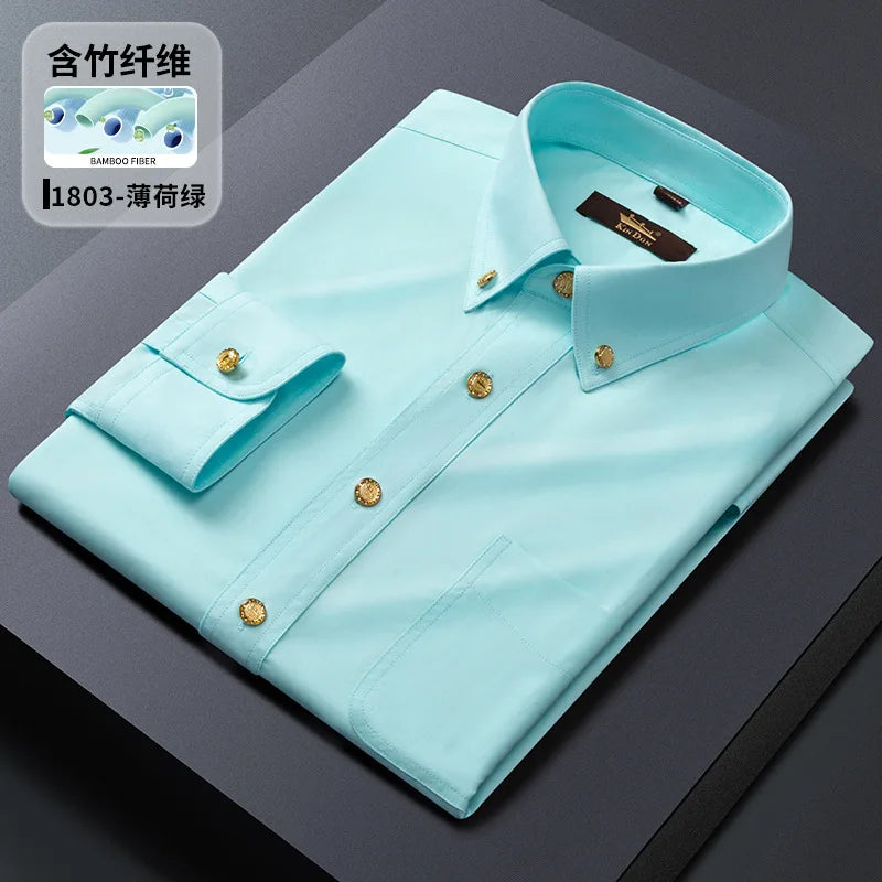 2024 Spring New Men's Long Sleeve Business Slim-fit Copper Buckle Bamboo Fiber Shirt 11colors Free Ironing Office's Work Top