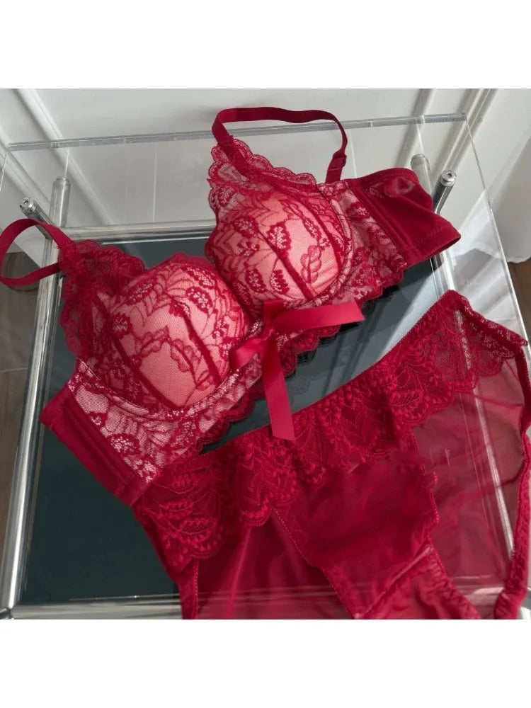 Top Selling Womens Wireless Bra Set French Lace Bow Contrast Color Push Up Thick Padded No Gap Everyday Lingerie For Small Chest