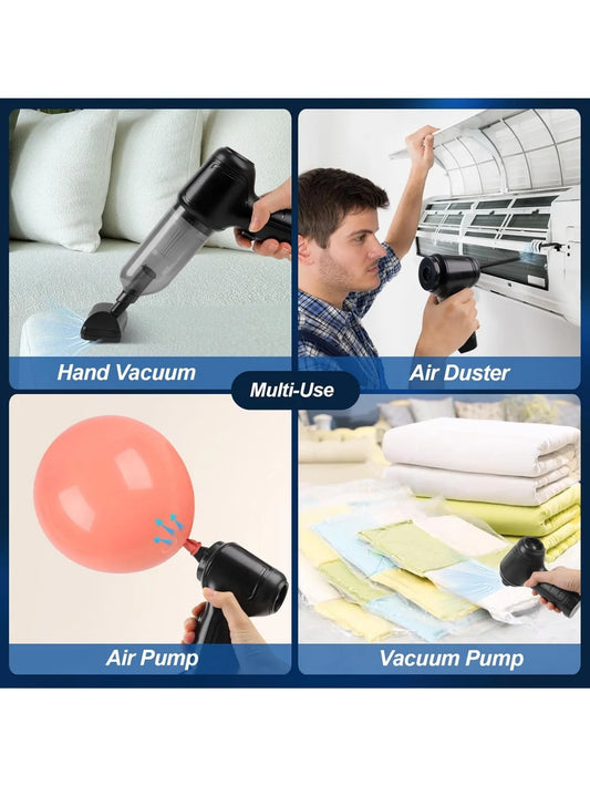 Handheld vacuum cleaner with integrated suction and blowing functions, ideal for cleaning cars, homes, offices, and pet areas.