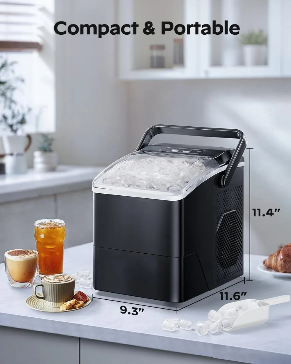 Ice Maker Countertop: 9 Cubes in 6 Mins, 26 lbs/Day, 2 Sizes, Self-Cleaning, Portable with Handle for Home, Kitchen, Camping, RV, Office, Black