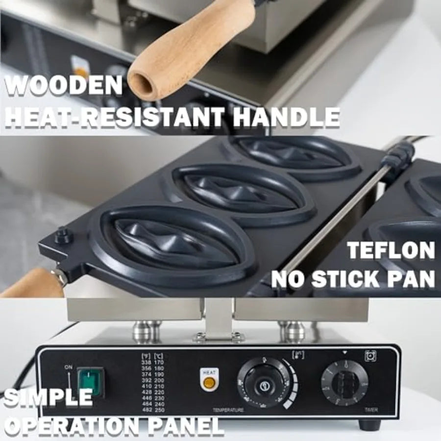 Commercial Non-Stick Abalone Shape Waffle Machine 3 PCS Electric Sausage Grill Baking Machine 1600W 110V 5 min/batch