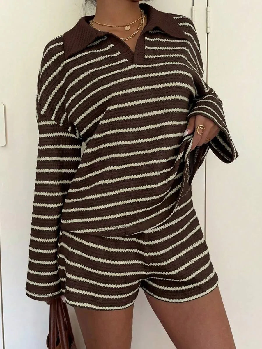 Women Striped Shorts Set Long Sleeve T-Shirt And Loose Casual Pants Breathable Two Piece Outfits For Summer Daily Loungewear