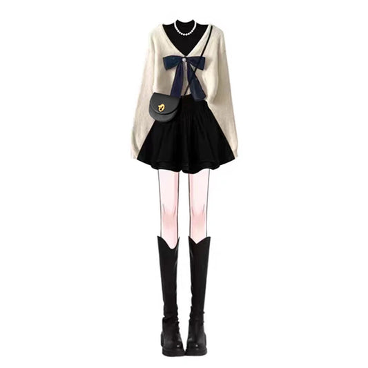 Korean Style Knot Short Knitted Sweater Dress Two Piece Set Slimming Waist Design Casual Fashion for Women