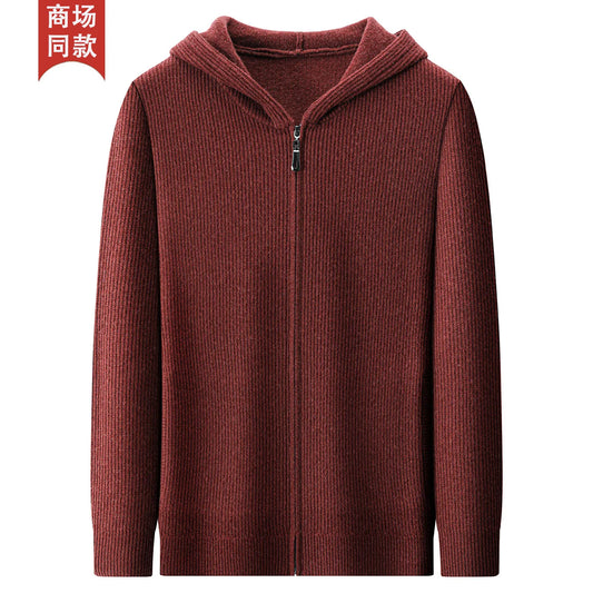 100% cashmere sweater men's hooded casual loose zipper sweater knitted cardigan exterior