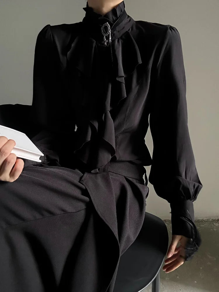 Harajuku Vintage Women Bottoming Shirt Stand Collar Ruffles Slim Fit Blouses Black White 2026 New Long Sleeve Blusas De Mujer