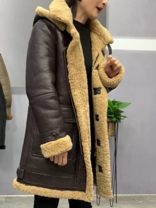Men and Women's Winter Warm Coat Long Jacket Genuine Sheepskin Lambskin Shearling Wool Liner Hooded Brown XXXXXXXXL 5XL 6XL 7XL
