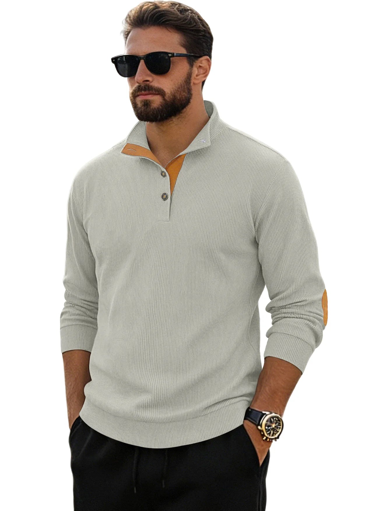 Men‘s Corduroy Button Up Pullover Stand Collar Contrast Elbow Patch Casual Top 2026